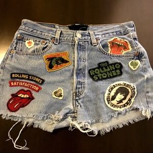 MadeWorn Rolling Stones patched denim shorts